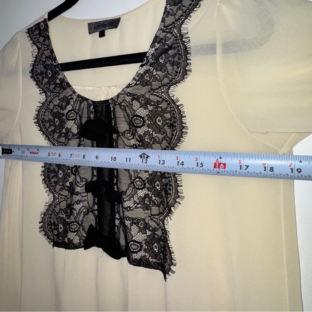Topshop Sheer Blouse Small Cream Long Sleeve Black Lace Trim Romantic Top Size S - Picture 6 of 7